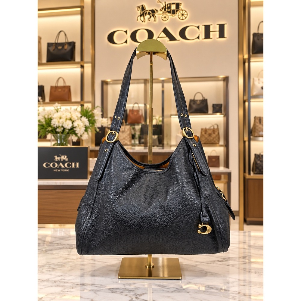 Coach Bella Shoulder Bag Black Pebbled Leather Hobo Gold Hardware CR979